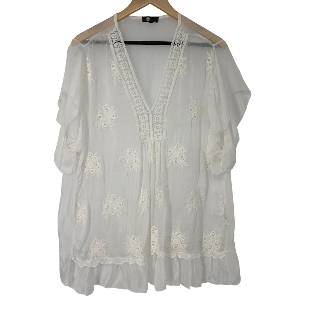 M Made in Italy Silk‎ Embroidered Crochet Lace Tunic Top L Ethereal Romantic